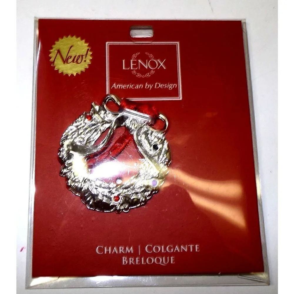 Lenox Jeweled ornament charm silver with red ribbon and colored stones